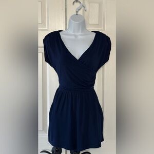 Gilli Blue Faux Wrap Romper Shorts Side Pockets Draped Bodice Size M/L